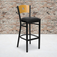 Flash Furniture Hercules Series Black Circle Back Metal Restaurant Bar Stool with Natural Wood Back and Black Vinyl Seat XU-DG-6F6B-CIR-BAR-BLKV-GG